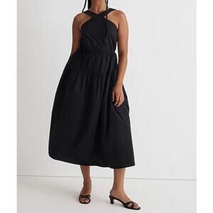 Madewell Womens Dress Poplin Halter Tiered Midi Tie Waist Fit Flare Black Size 6